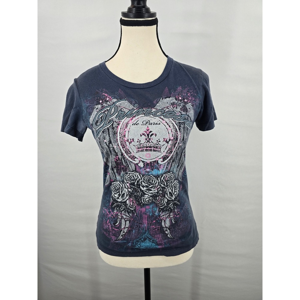 Princess de Paris Graphic Tee Gray Y2K Aesthetic Crown Rose Wings Shirt Small